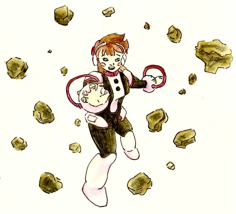 traditional art: watercolor pencils with inked lineart. Uraraka floats suspended in the air in her hero costume, surrounded by floating rubble